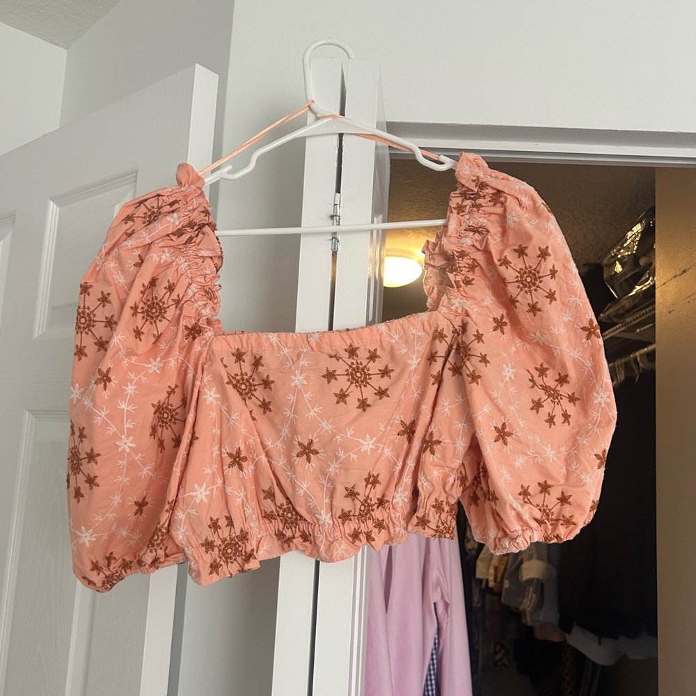 Zara Coral Star Print Puff Sleeve Blouse